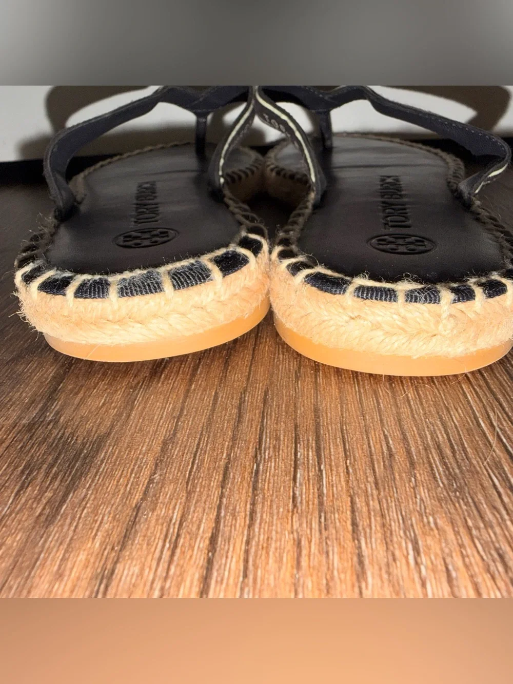 NWOT Tory Burch Black Logo Espadrille Thong Sandals Size 6